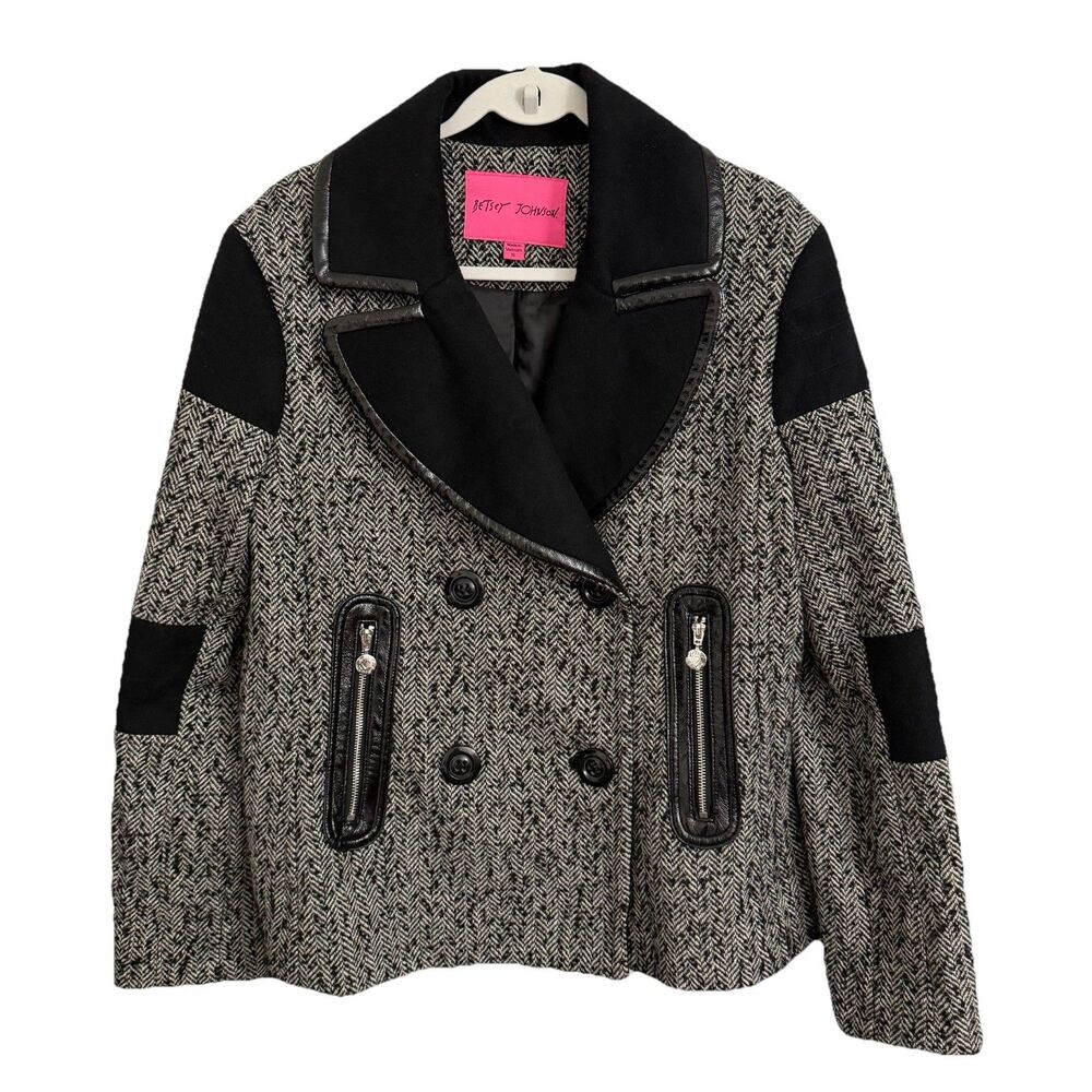Betsey Johnson Coat Womens XL Black Gray Tweed Double Breasted Wool Jacket